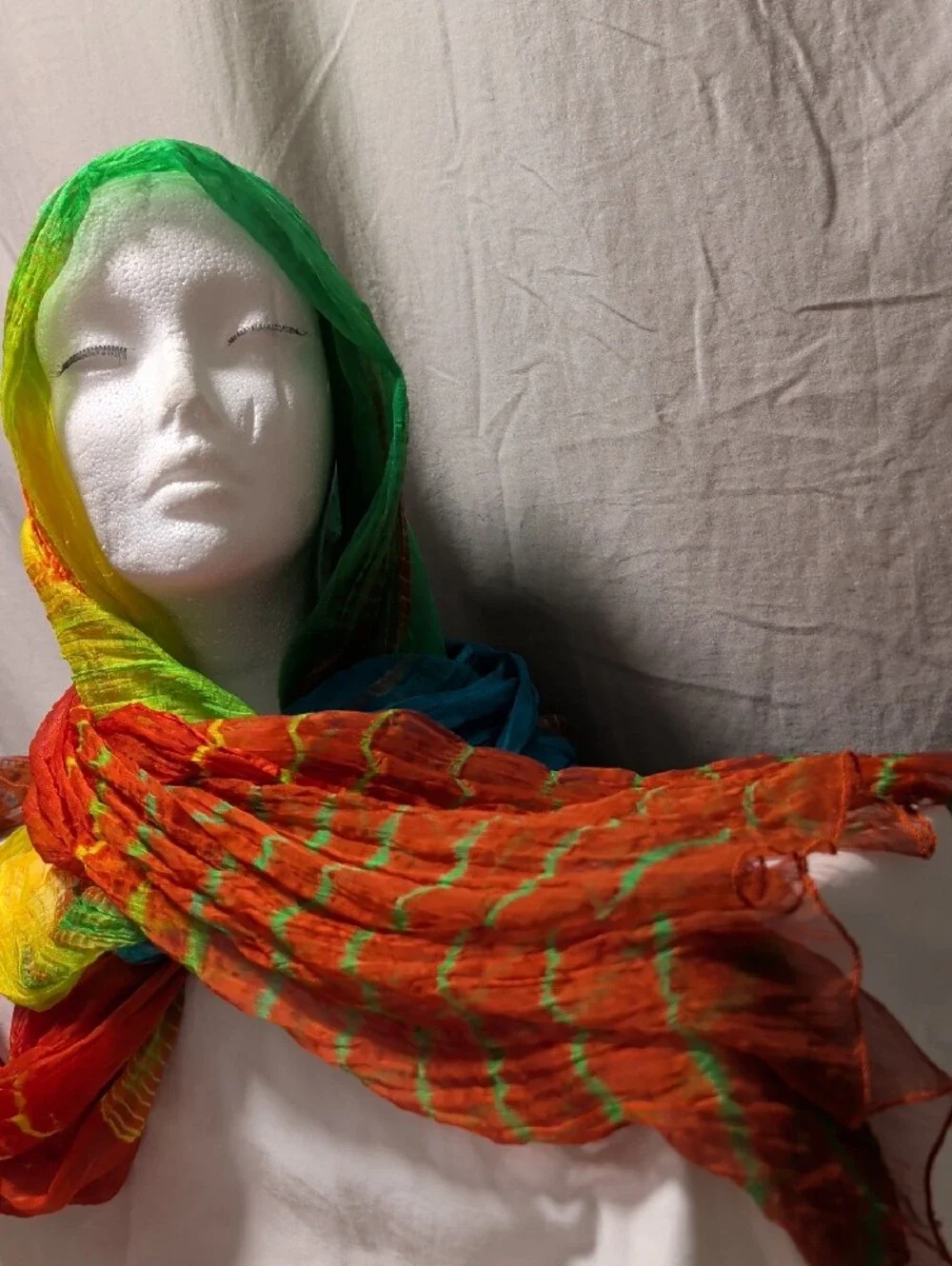 Raj Vibrant Multicolor Crinkle Wrap - Green, Blue, Orange & Yellow